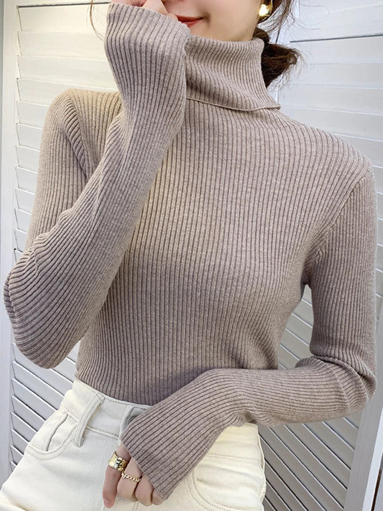 ZOKI New 2023 Women Pullover Turtleneck Sweater Autumn Long Sleeve Slim Elastic Korean Simple Basic Cheap Jumper Solid Color Top