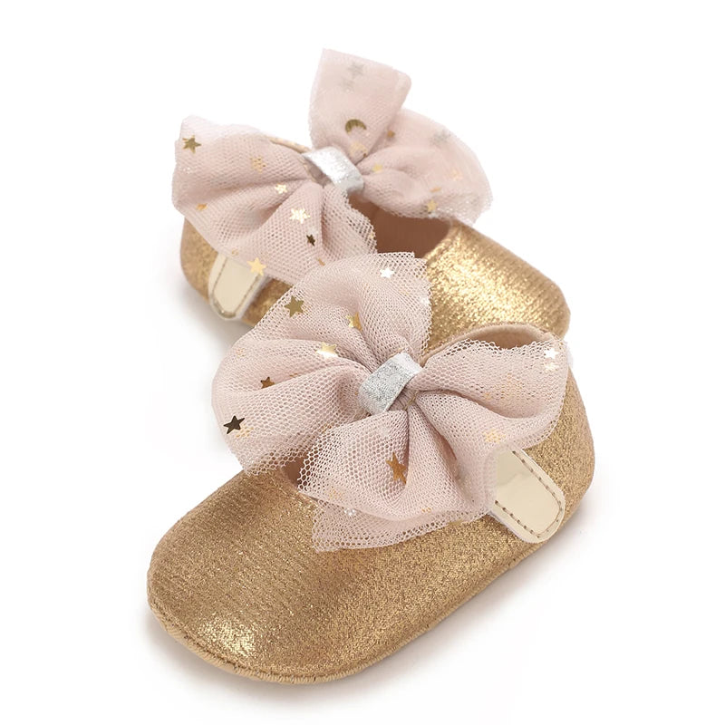 0-18M Girls' Baby Shoes Fashionable Classic Gold Theme Princess Shoes Soft Sole Comfortable Baby Walking Shoes