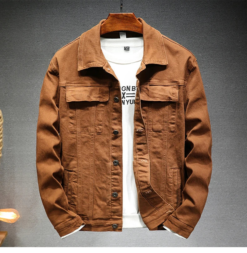 Men's brown denim jacket 2023 Spring and Autumn New Fashion High Quality Stretch Slim Fit Jacket Denim Men Brand Clothing