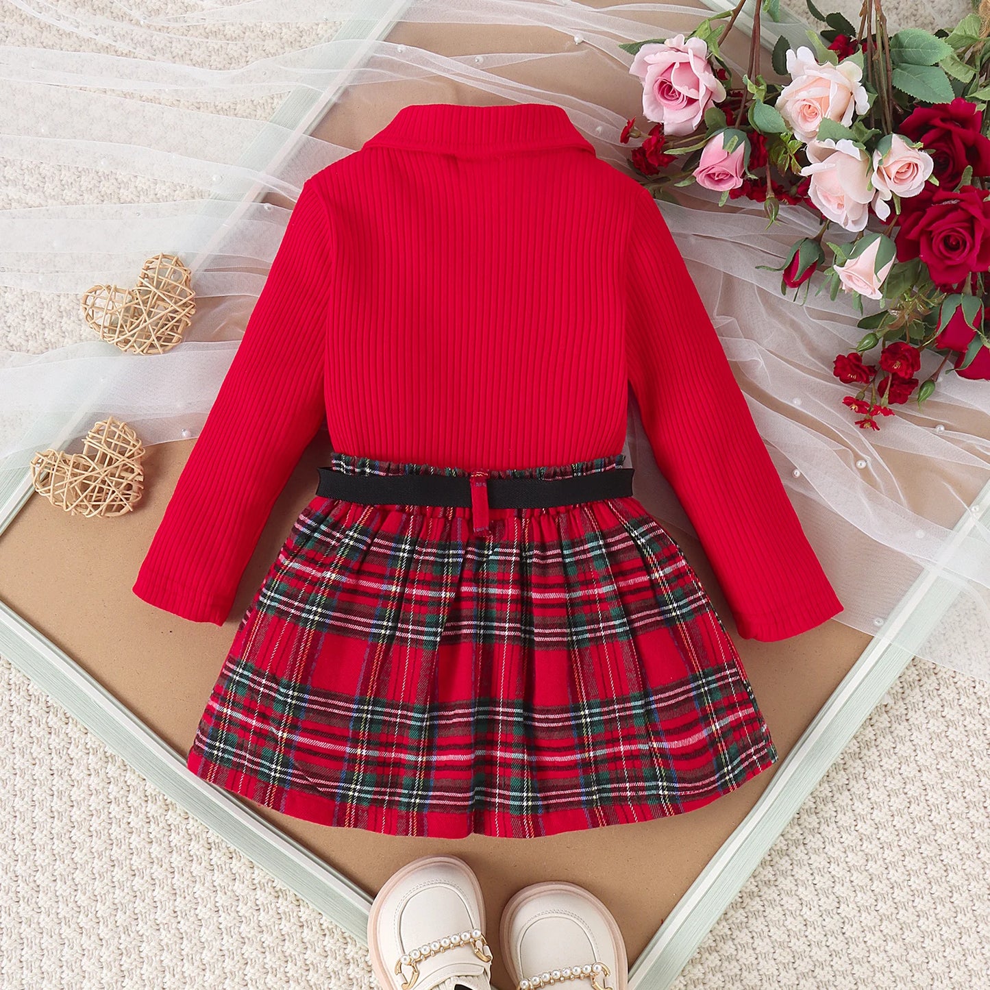 3PCS Autumn New Style 1-5 Year Old Middle And Middle School Girls Fashion College Style Solid Color Pit Top + Plaid Skirt Set