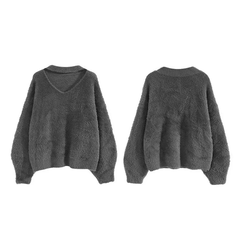 Autumn and Winter Fashion Women Loose Sweater Hanging Neck Solid Color Korean Version V-neckKnitwear