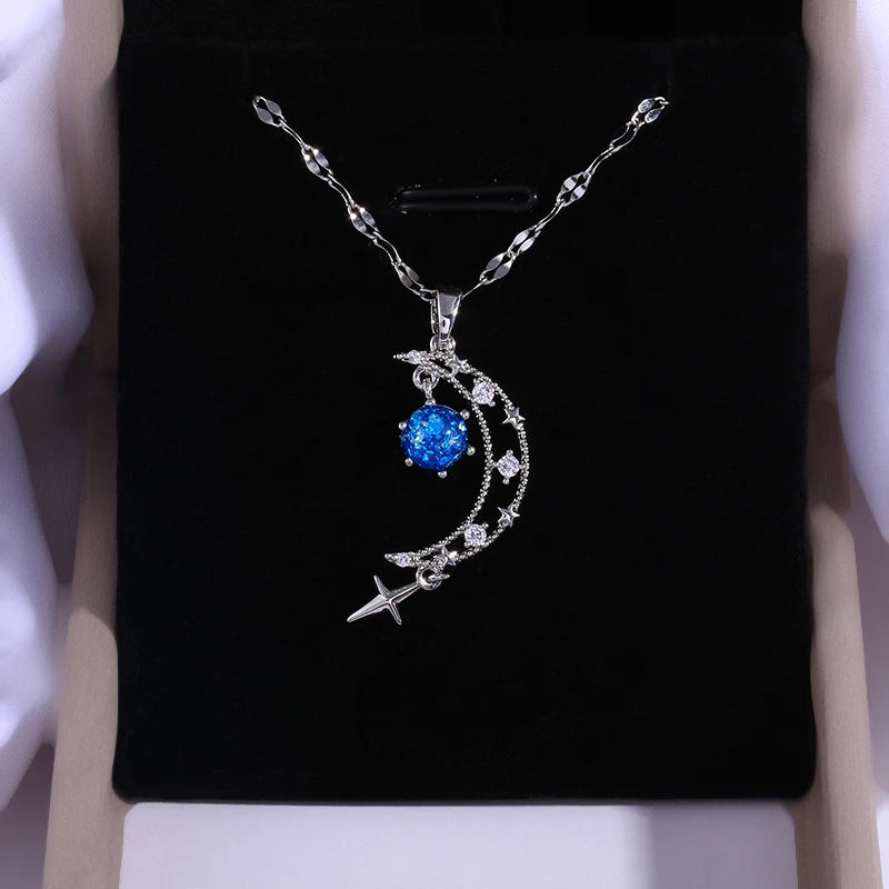 The Fashionable Hollow Moon Blue Planet Star Pendant Necklace Gives Women A Sense of Luxury and Niche Design.