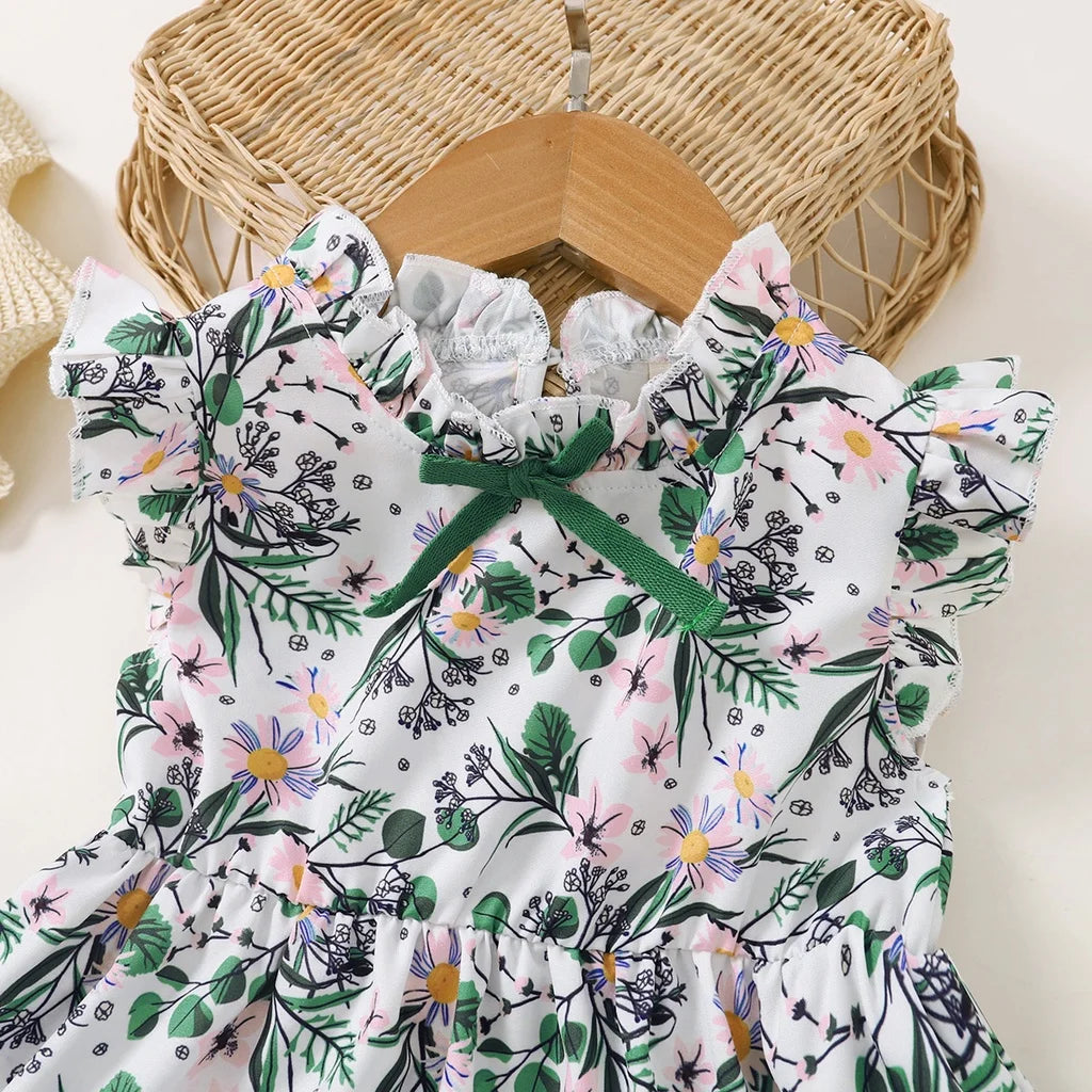 1-6Years Old Children Girl Summer Floral Dress Baby Girl Fashion Sleeveless Dresses with Bow Design Toddler Girl Casual Dress