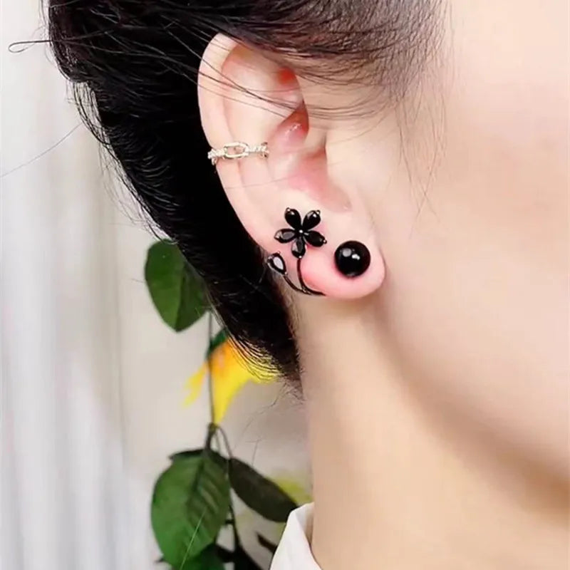 Vintage Black Zircon Flower Pearl Stud Earrings for Women Korean Elegant Personality Earrings Wedding Party Jewelry Gift Mujer