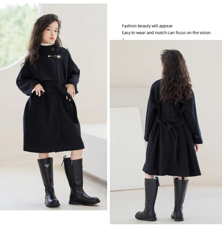 Winter Girls Wool Coat Long Double-faced Tweed Overcoat for Kids Fashion Casual Grey 10 12 14 Years Teenage Children Outerwear