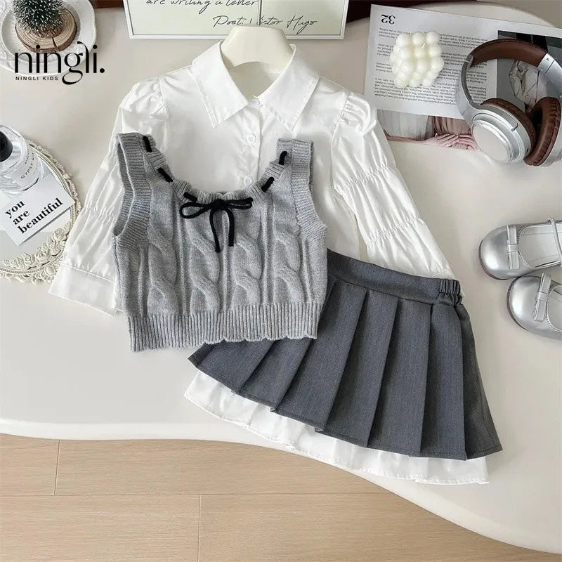 Spring Autumn Children Girl 3PCS Clothes Set Cotton White Ruched Shirts Knitted Bow Vest Pleated Skirts Suit Toddler Girl Outfit