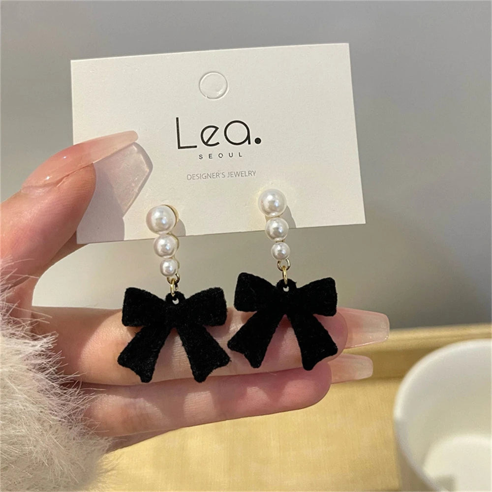 Red Black Bowtie Earrings for Women Girls Simulated Pearl Cloth Bow Tie Earrings Jewelry Ear Accessories Beautiful Gifts