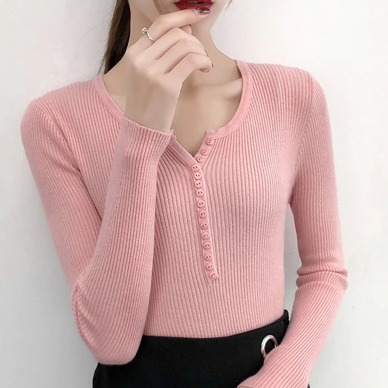 Autumn Winter Button V Neck Sweater Women Basic Solid Slim Pullover Women Sweaters Knitted Casual Jumper Ladies Tops