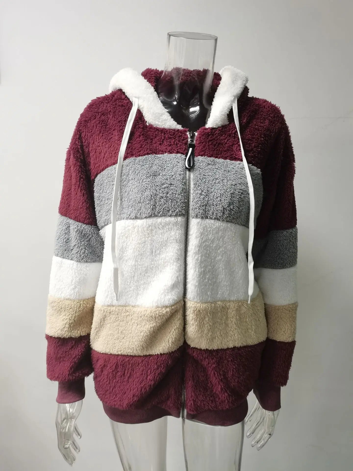 Women Striped Patchwork Fleece Hoodie Coat Autumn Winter Long Lantern Sleeve Loose Cardigan Hoodie Sweatshirt Coats