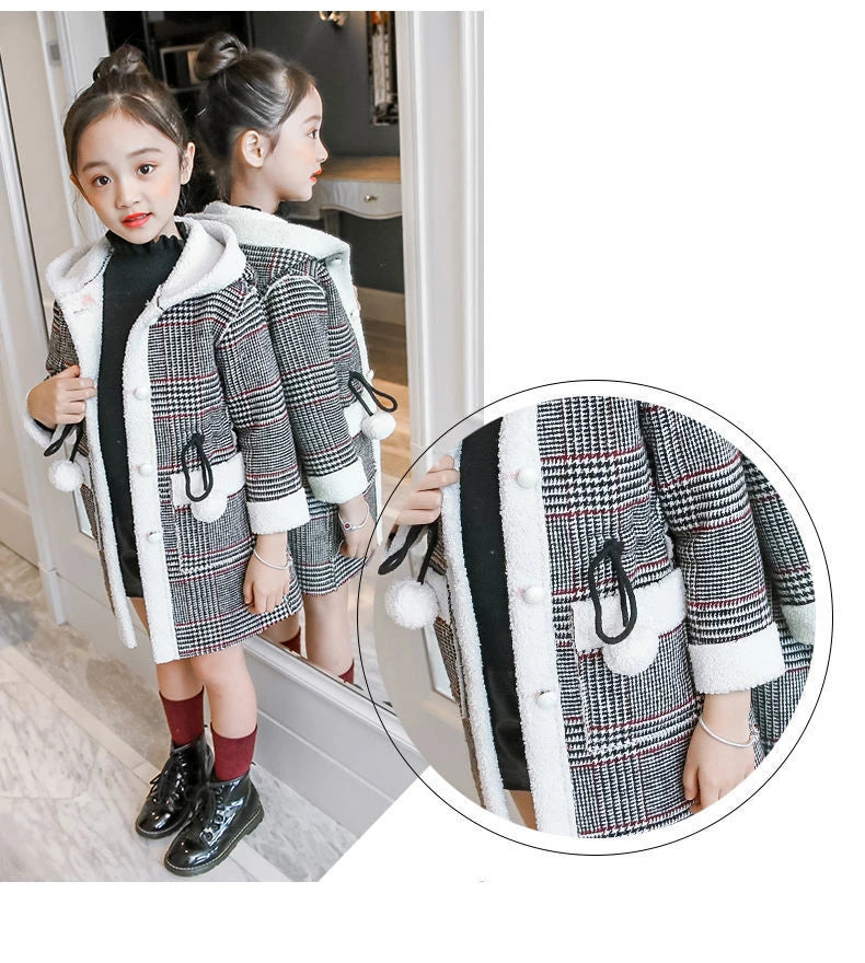 4-15 Year Children Outwear Winter for Girl Plaid Thicken Woolen Jacket Coat Teenage Kids Outfits Wool Long Outerwear Warm Fleece