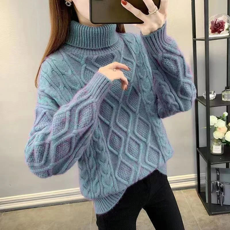 Women's Turtleneck Sweater Fall Winter New Loose Warm Knit Pullover Tops Candy Colors Knitwear Jumper Korean Soft Casual Poleras