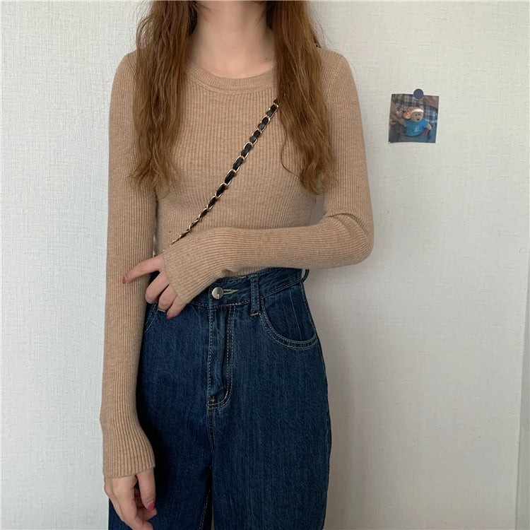 2024 New Women Sweater Autumn Winter Long Sleeve Pullover Basic Top Fashion O-neck Elastic Female Winter Solid Knitted Jumper