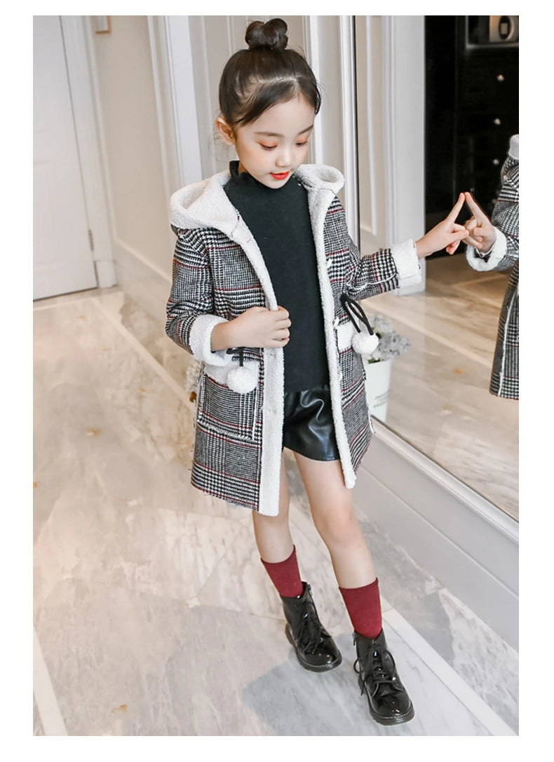 4-15 Year Children Outwear Winter for Girl Plaid Thicken Woolen Jacket Coat Teenage Kids Outfits Wool Long Outerwear Warm Fleece