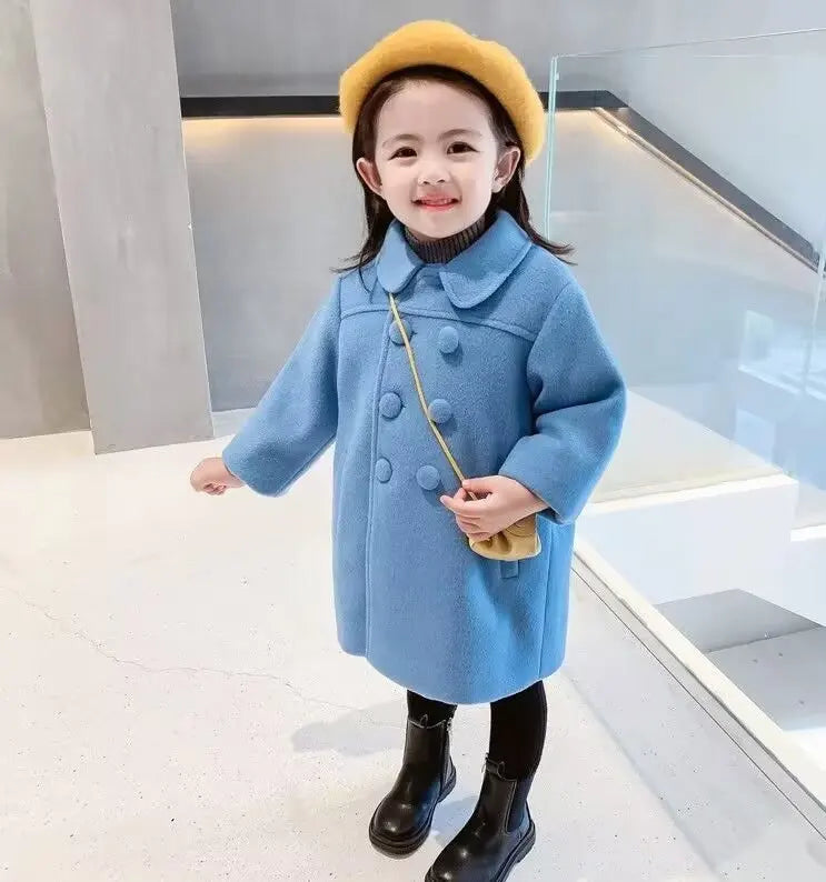 Winter Girl Baby Jacket Outdoor Cardigan Children's Medium Length Woolen Cotton Coat Thickened Double Breasted Jacket New 2024