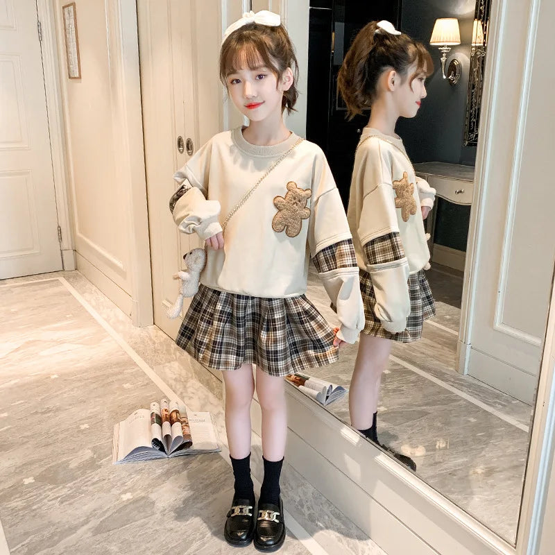 3-14 Years Teenager Girls Outfits Cute Bear Sweatshirt + Plaid Skirt 2Pcs Suit For Girls Birthday Present Children Clothing Sets