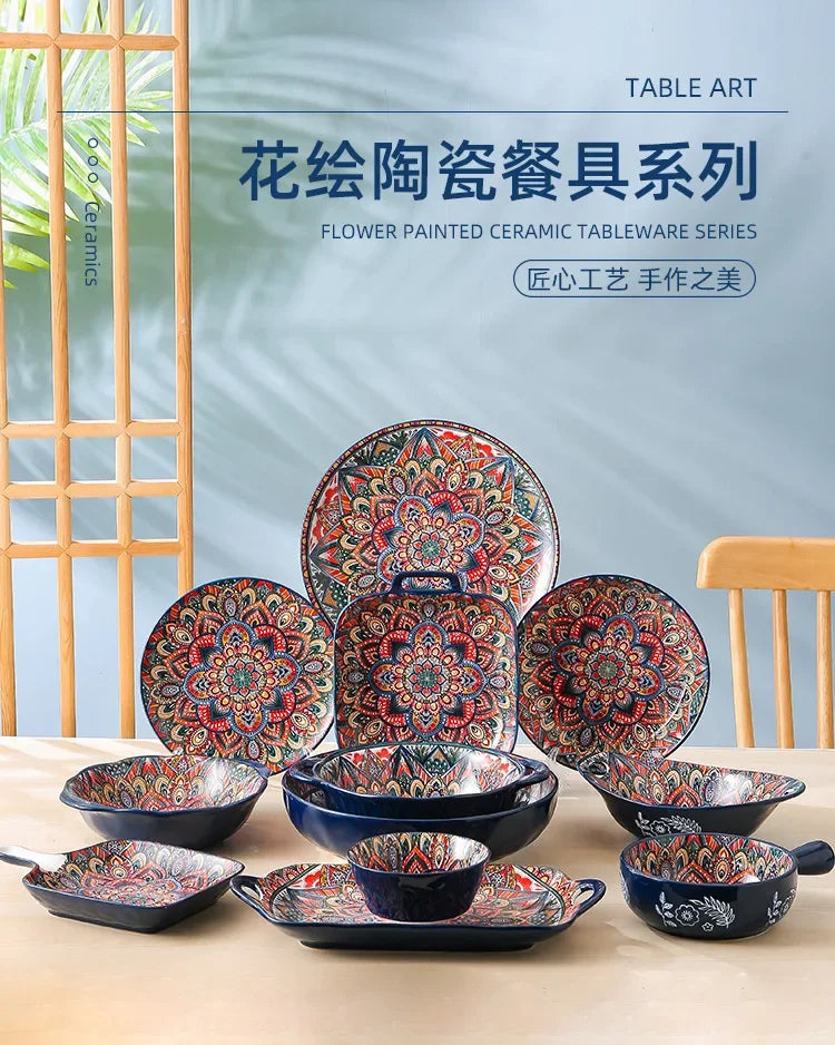 Rice Plate Bowls for Food Dishes Ceramic Dishes to Eat Dish Full Ceramic Tableware Retro Hand Drawn Kitchen Dining Bar Home