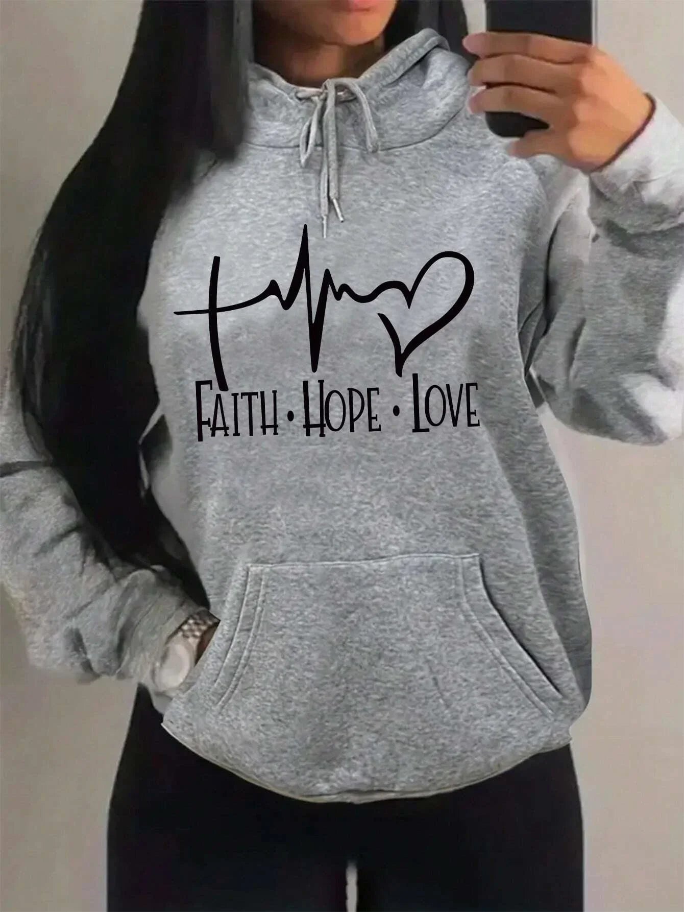 Faith Hope Love Letter Graphic Women Hoody Street Casual Loose Sweatshirt Autumn Fleece Hooded Hip Hop O-Neck Clothing Female