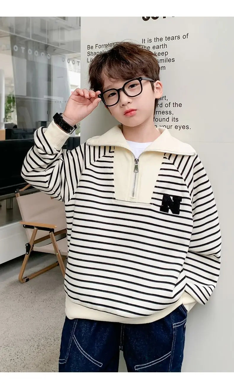 Spring Autumn School Kids Cotton Striped Half Zip Lapel Sweatshirt Boys Pullover Jumper Children Outfits Tracksuit Tops 3-14 Yrs