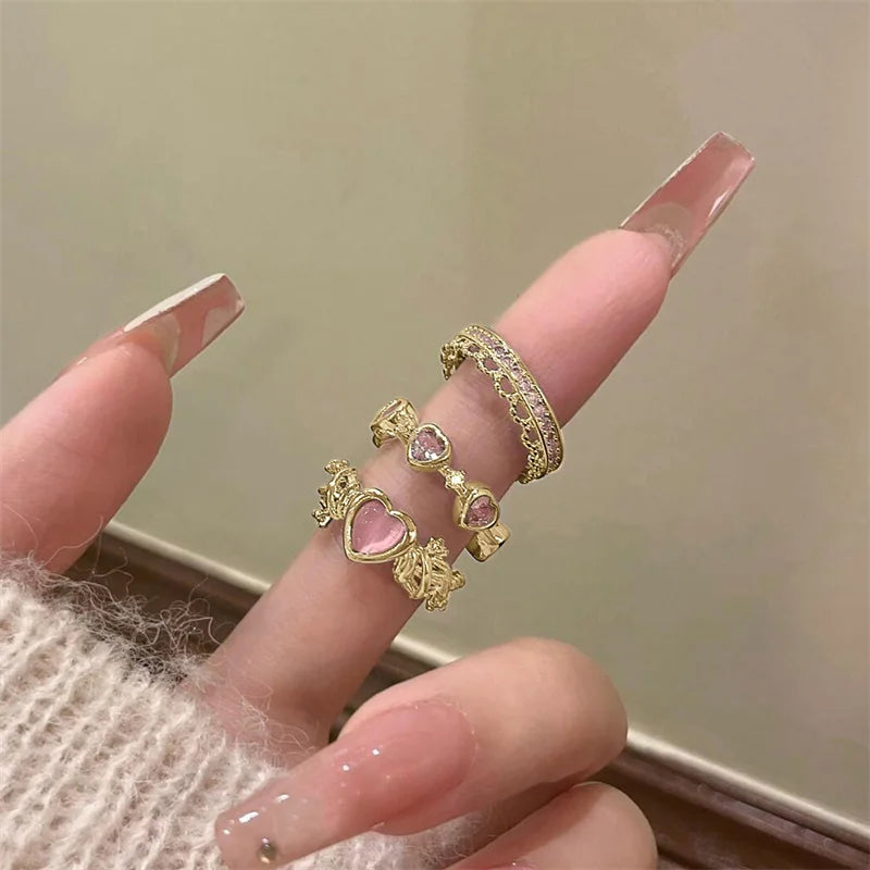 3pcs Fashion Love Heart Zircon Open Rings Set for Women Gothic Sweet Girls Geometric Finger Rings Y2K Party Jewelry Accessories