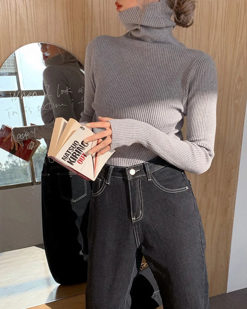 Turtleneck Sweater Women Korean Black Knitted Pullovers Fashion Basic Long Sleeve Knitwear Autumn Winter Slim All Match Jumpers