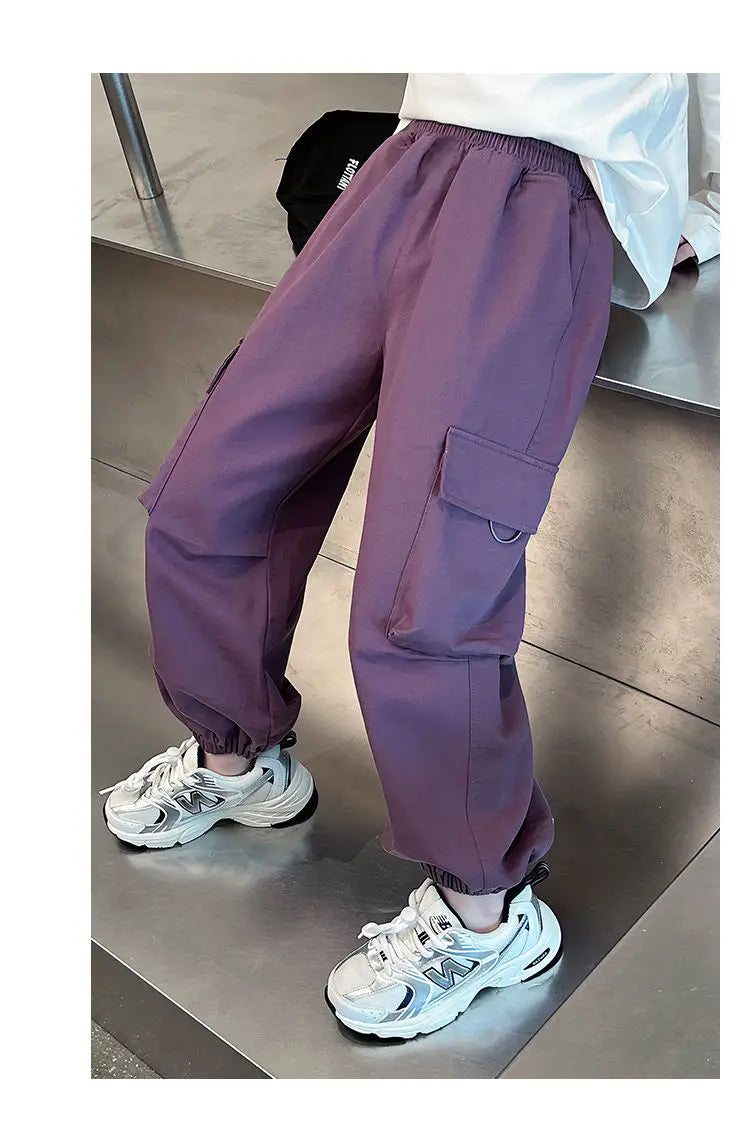 Girls Purple Casual Pants Big Children's Clothing Korean Black Cargo Long Pants Girls 2024 Spring Fashion New Cotton Trousers