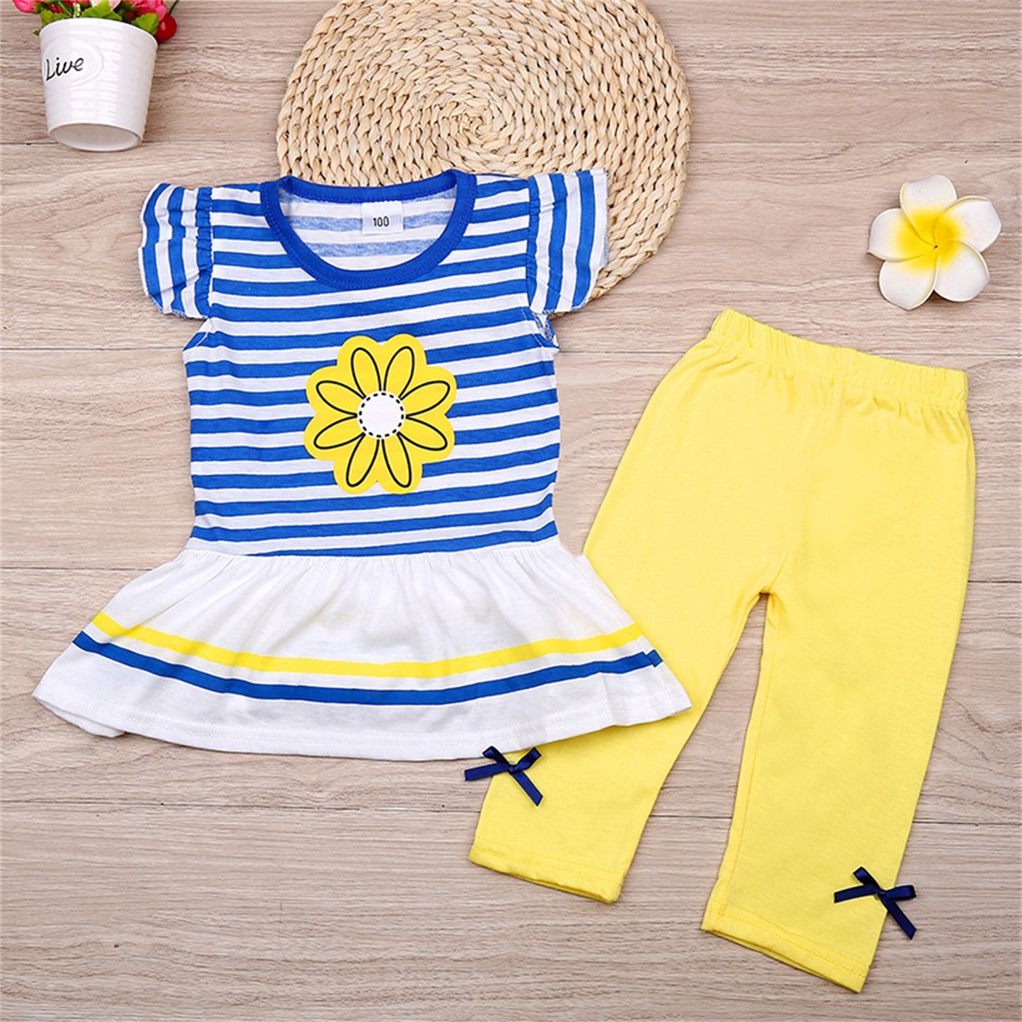 2Pcs Clothes Set 1-8Y Toddler Kids Girls Summer Clothing Sunflower Daisy Striped T Shirt Tops+Pants Leggings Infant Outfits Sets