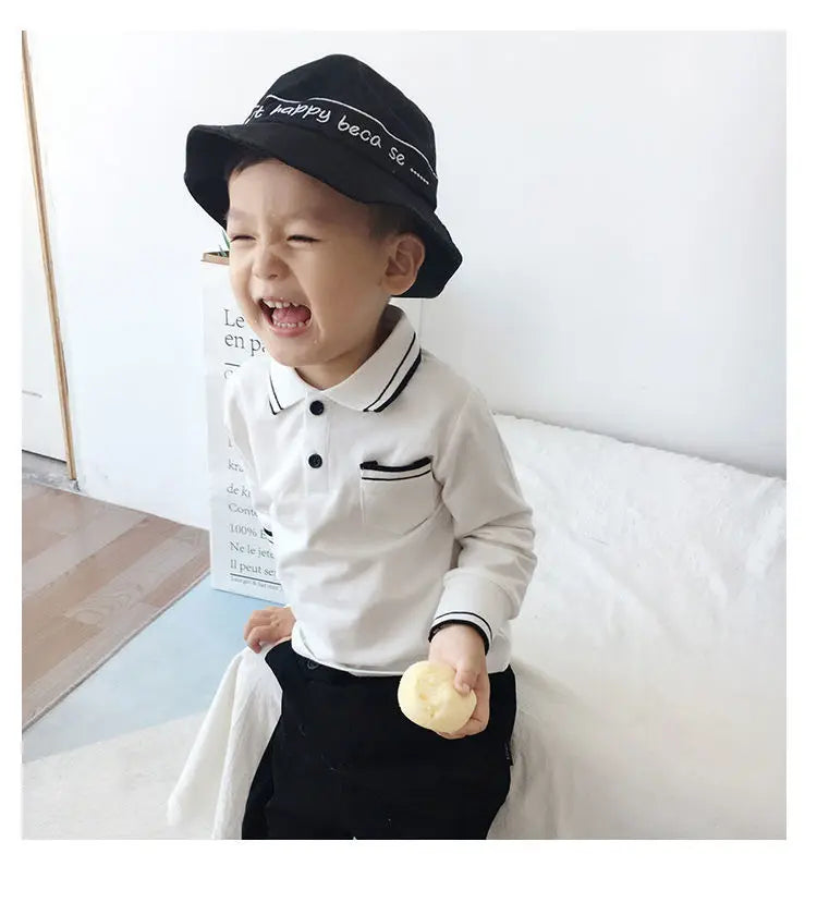 Boys Clothing Lapel Cotton Long Sleeve Spring New Korean Version Versatile Spliced Pocket Solid Color Kids Fashion Polo Shirt