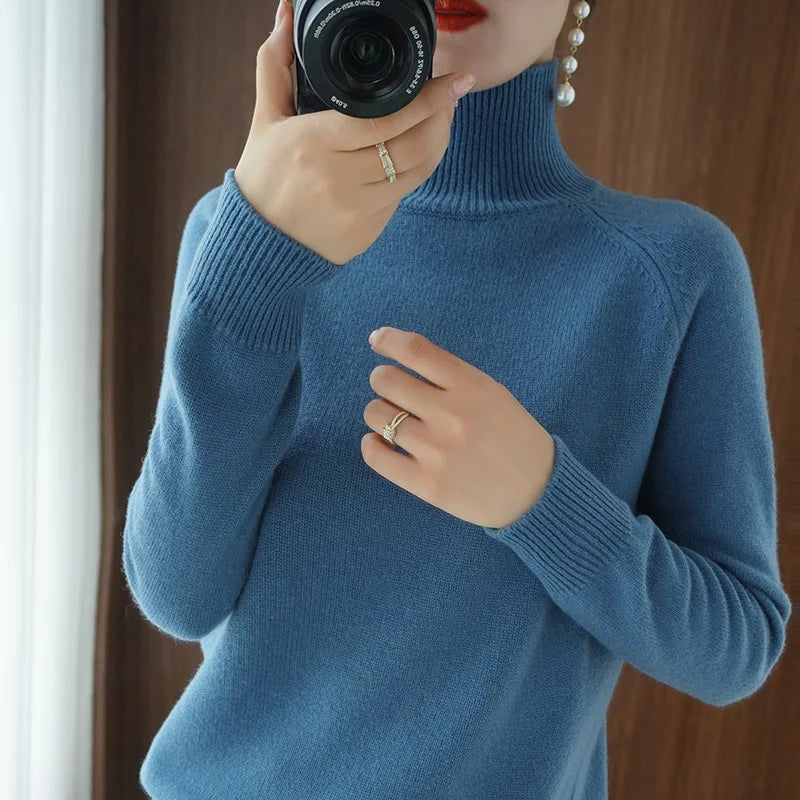 Turtleneck Merino Wool Pullover Basic Casual Cashmere Sweater Comfort Autumn Winter Women's Raglan Sleeve Clothing Tops