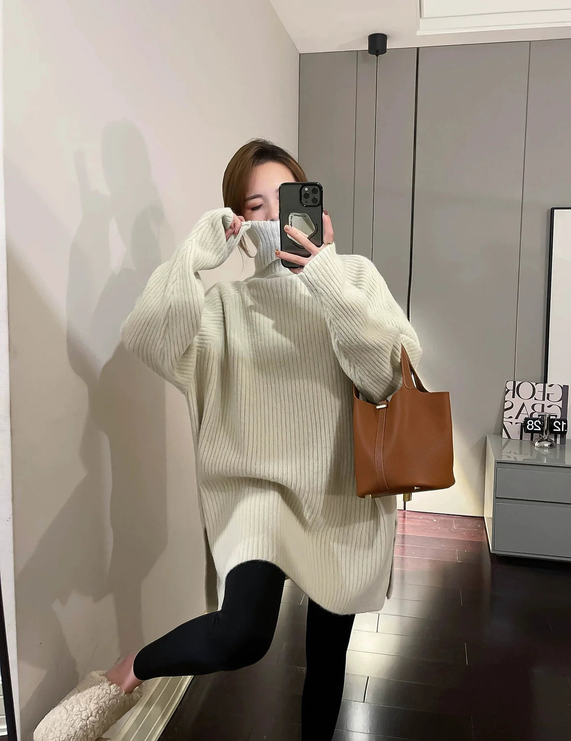 Women Simple Casual Oversized Turtleneck Knitted Sweater 2023 Autumn Winter Trendy Split Long Sleeve Pullover Tunic Tops Jumpers