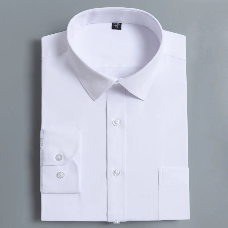 New Men Classic Long Sleeve Solid Plain Dress Shirt Regular Fit Formal Business Work Office Casual Button White Shirts S-8XL