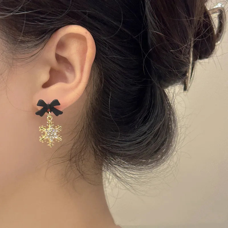 Sweet Bowknots Snowflake Drop Earrings for Women Girls Trendy Elegant Red Black Ear Accessories Jewelry Earring Charm Xmas Gifts