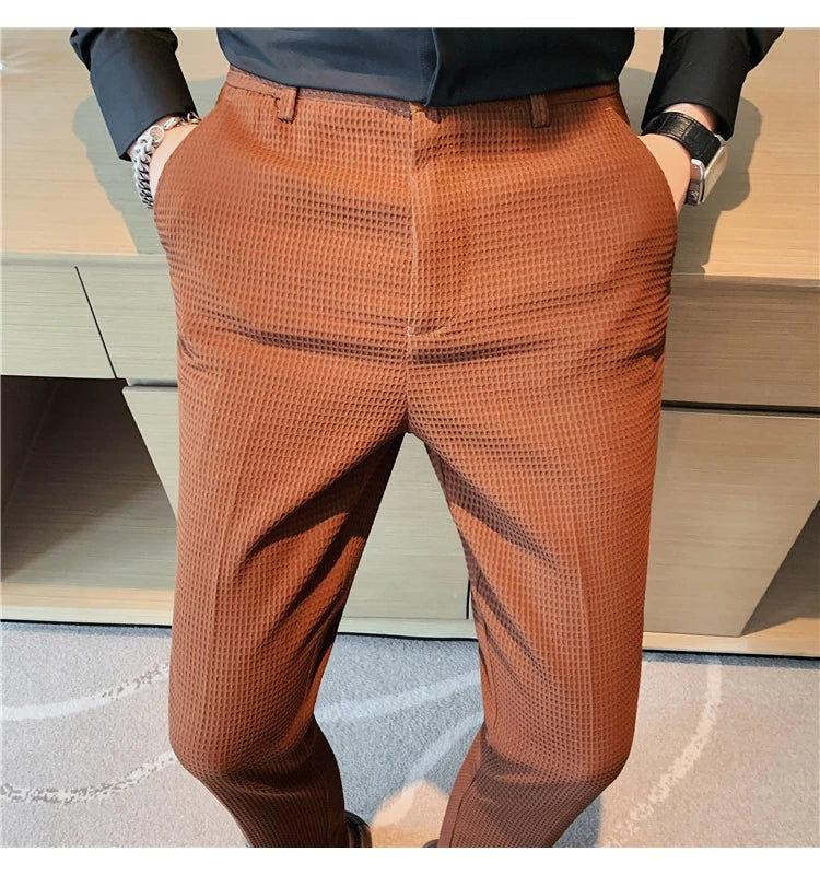 Suit Pants Autumn Winter Fashion Waffle Dress Pants For Men Clothing Business Casual Slim Fit Men's Formal Trousers High Quality