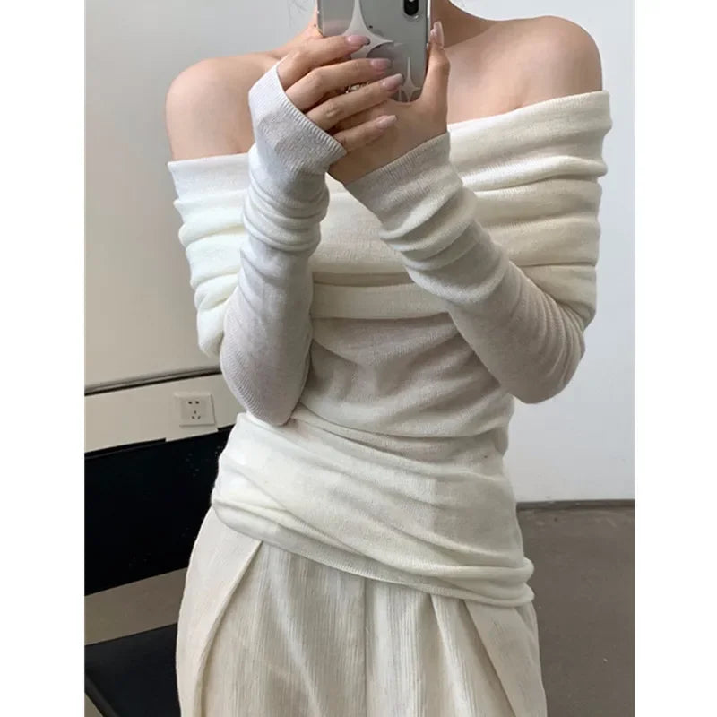 Women Long Sleeve Knitwear Solid Off Shoulder Autumn Thin Pullovers Slash Neck Sweater For Women Office Elegant Tops 2023