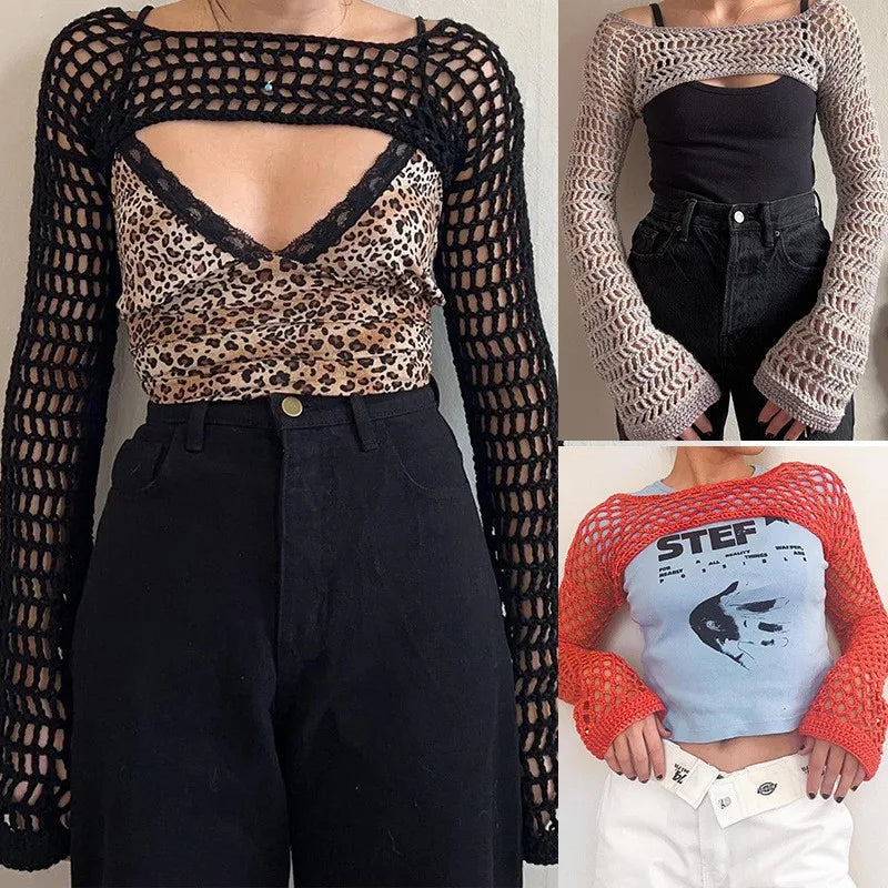 Women Big Fishnet Long Sleeve Cropped Sweaters Summer Fashion Lady O-Neck Flare Sleeve Hollow Out Short Knitted Pullovers