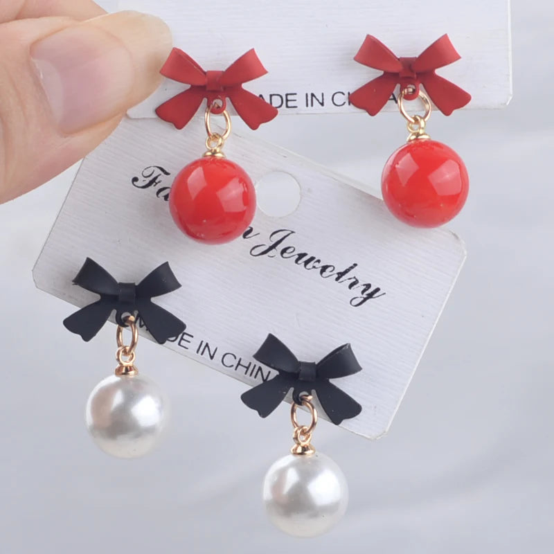 Red Black Bow Knot Drop Earrings for Women Elegant Party White Round Imitation Pearl Dangle Earrings Geometry Party Jewelry Gift