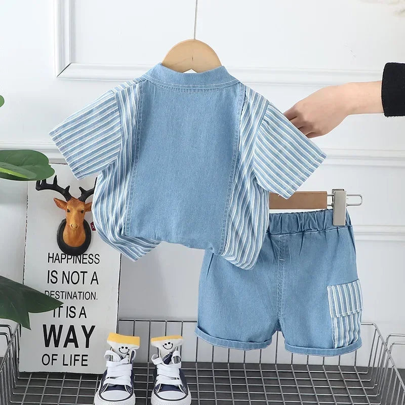 New Children Fashion Boys Denim Clothing Sets Casual Striped Shirts Shorts 2pcs Kids Outdoor Suit Toddler Suit 0-5 Years