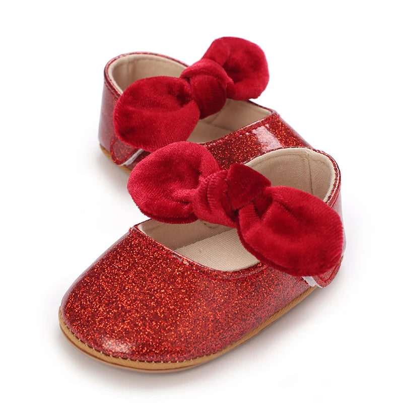 Spring and Autumn Girl Baby Shoes Classic Fashion Red Theme Cute Bow Princess Shoes Rubber Sole Anti slip Comfortable Walking Sh