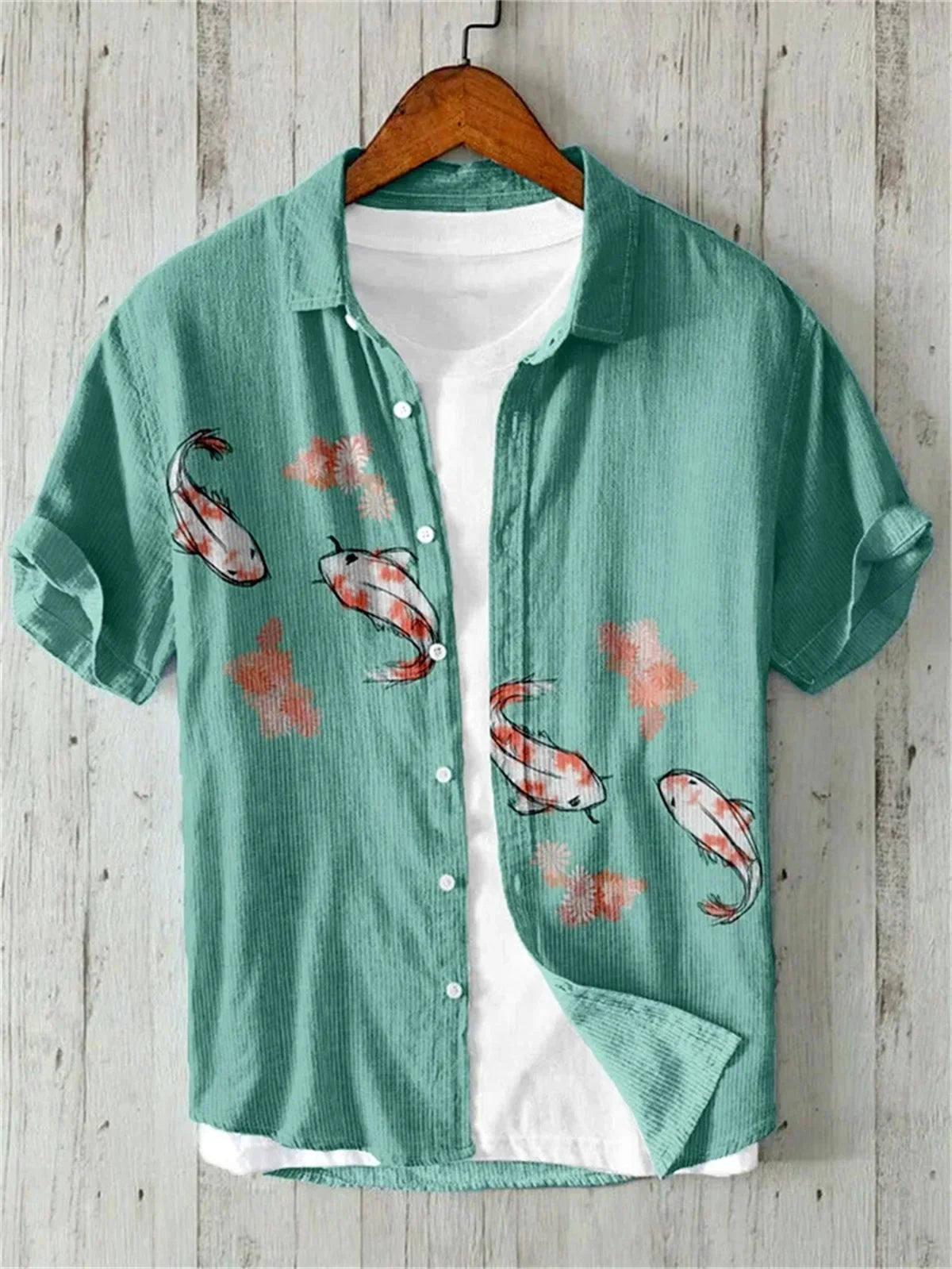 Men's Hawaiian Style Retro Fish Print Short Sleeved Shirt, Casual Linen Top, Loose and Breathable, Fashionable