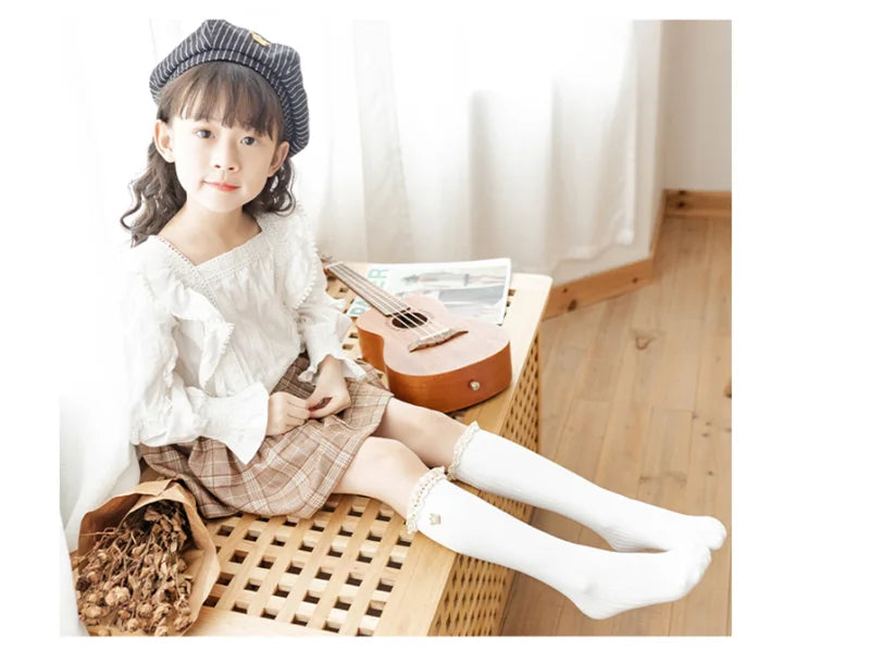 New Kids Socks Lace Flower Knee High Long Socks Girls Princess Soft Cotton Socken Ruffle Children Girl Tube Socks For 3-13 Years