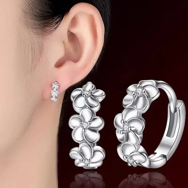 New Korea Trendy Charm Crystal Zircon Flower Hoop Earrings for Women Luxury Silver Color Stainless Steel Dangle Earring Jewelry