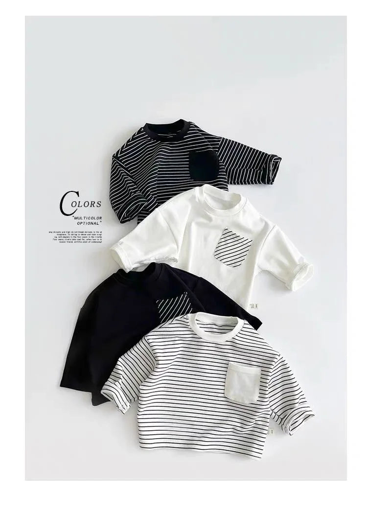 Trendy Striped Tshirt Fashion New Versatile Casual Loose Round Neck Tees New Design Long Sleeve Solid Color Tops