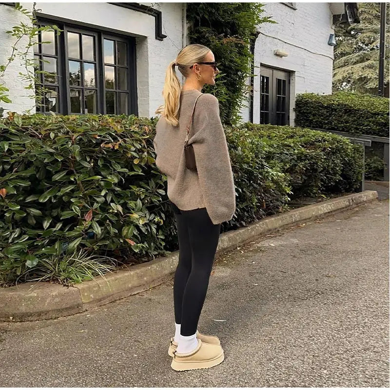 Casual Brown O-Neck knitted Cashmere Pullover Women Fashion Full Sleeve Loose Commute Jumper 2024 Autumn Lady Street Outerwears