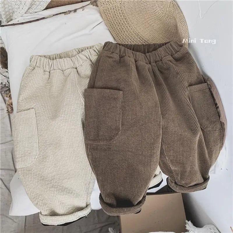 Winter Plush Warm Kids Pants 2024 Korea Style Children's Clothing Corduroy Plush Thick Warm Casual Pants for Boys Girls