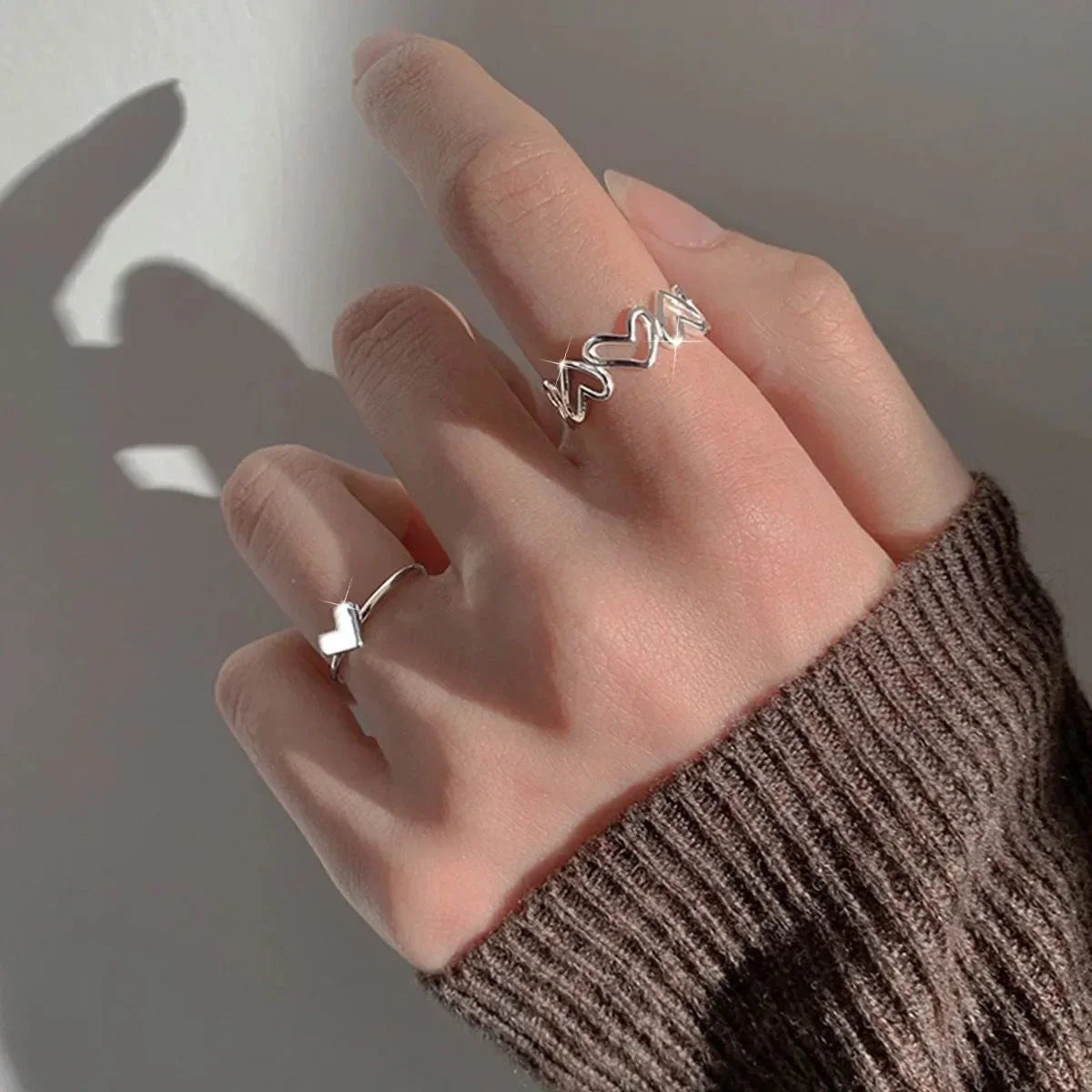 Silver Color Hollowed Heart Shape Open Ring Set Design Cute Fashion Love Jewelry For Women Girl Gifts Adjustable Birthday Party