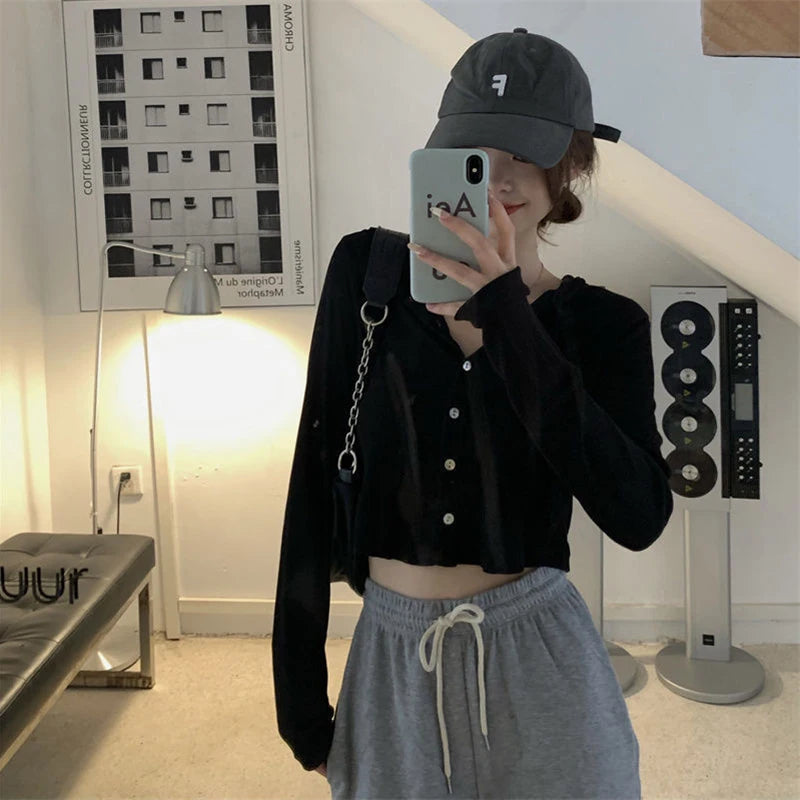 Fall Women Knitted Hooded Cardigan Korean Loose Streetwear Single Breasted Crop Tops Woman Solid Long Sleeve Knitwear