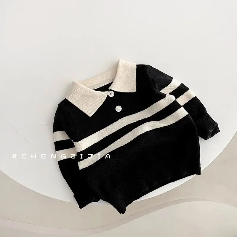 2023 New Korean Style Spring Autumn Children's Sweater Boys Girls Two-piece Button Striped Lapel Knitted Top Casual Fit Stylish