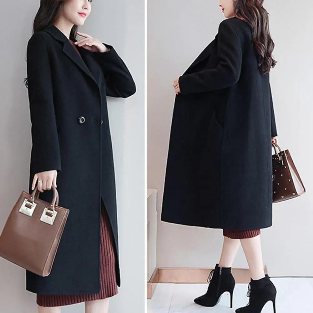 Women Woolen Coat Elegant Lapel Woolen Coat with Two Buttons Pockets for Women Stylish Mid-length Cardigan Outwear for Autumn