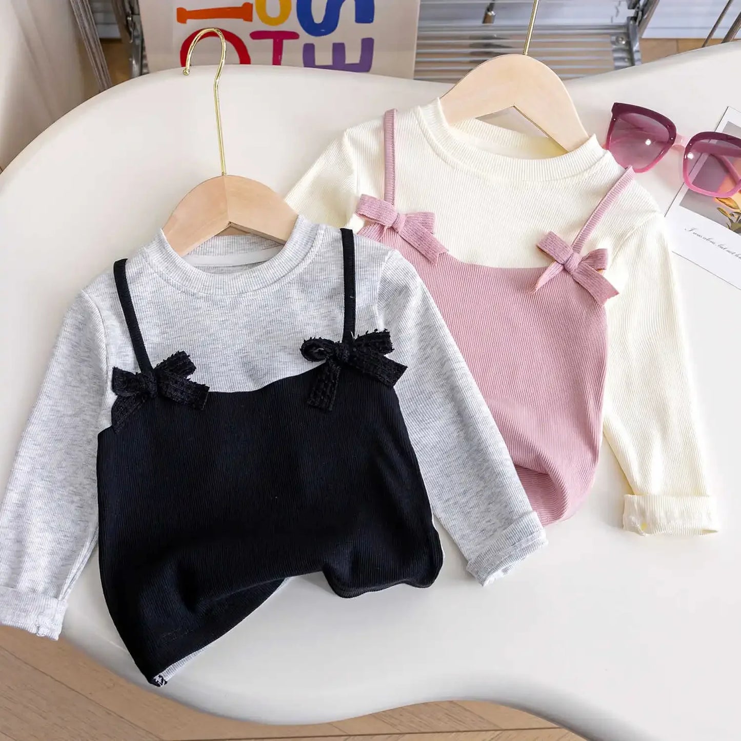 Baby Girls Long Sleeve T-shirt Kid Bowknot Top Tees Toddler Pullover 2024 Spring Autumn 1 To 6Yrs Children Clothing Korean Style