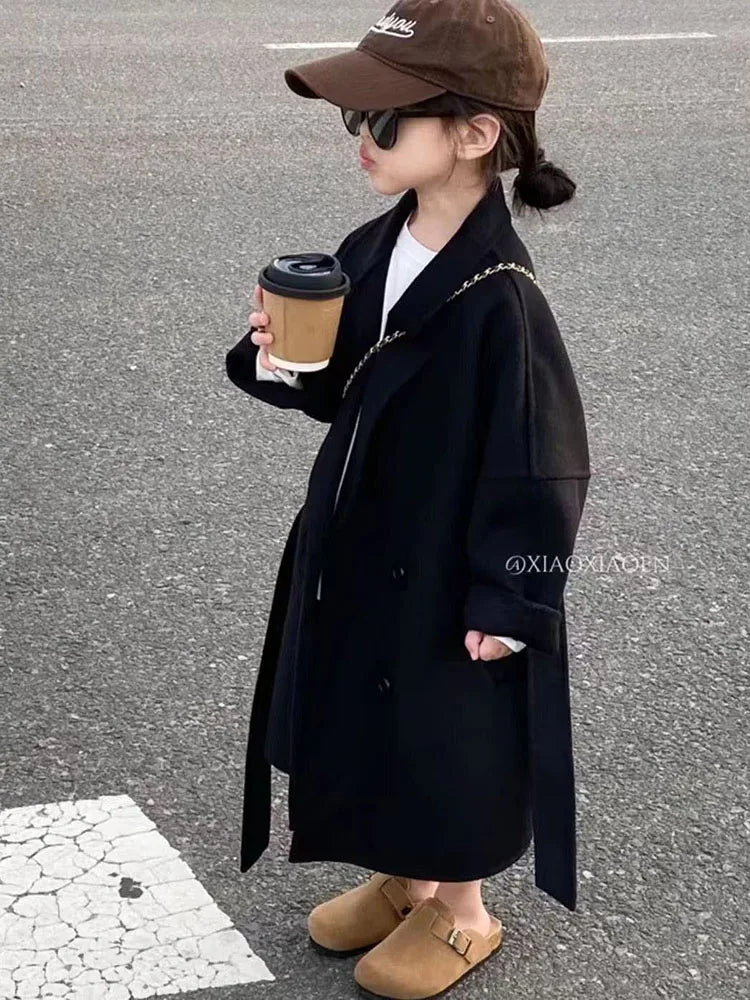 Wool Girls Korean Childrens Clothing Autumn New Overcoat Versatile Spring Black Middle Length Woolen Cloth Overcoat