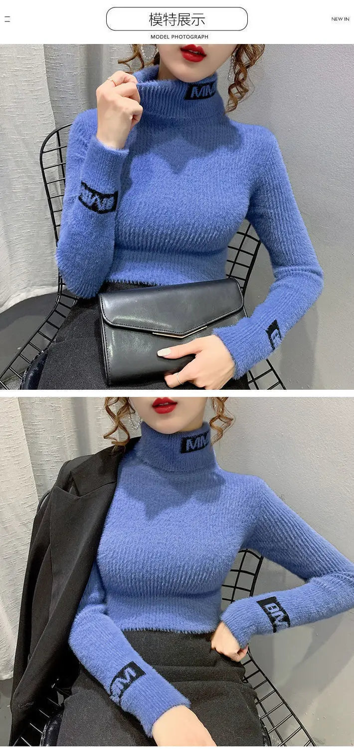 Autumn Winter New Letter Printing Sweaters Long Sleeve High Neck Solid Color Slim Youth Pullovers Elegant Fashion Women Clothing